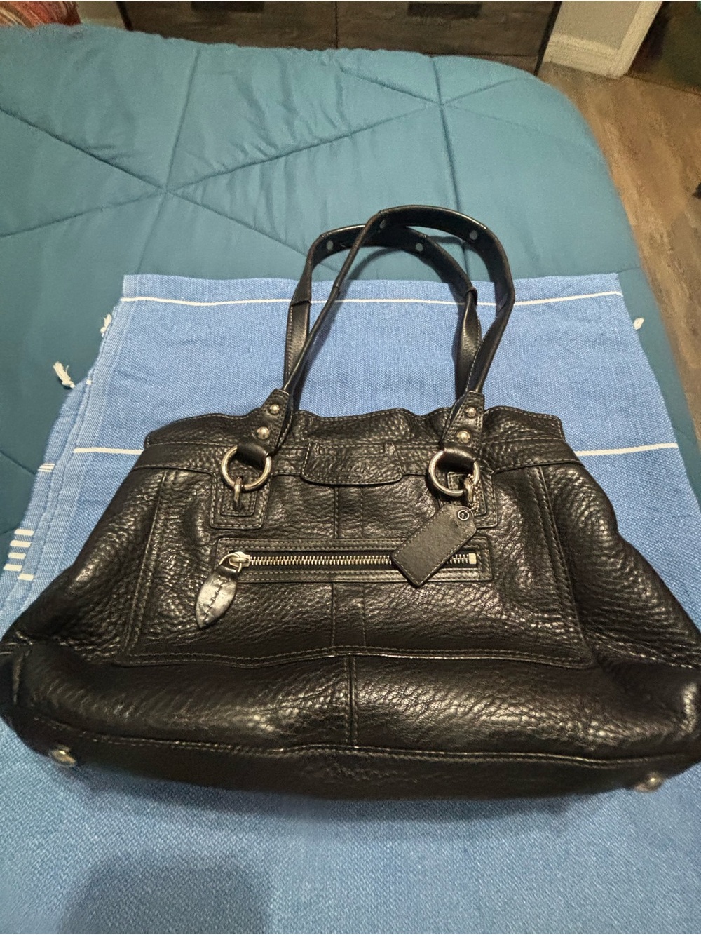 Coach Black Pebbled Leather Shoulder Bag with Front Zip Pocket